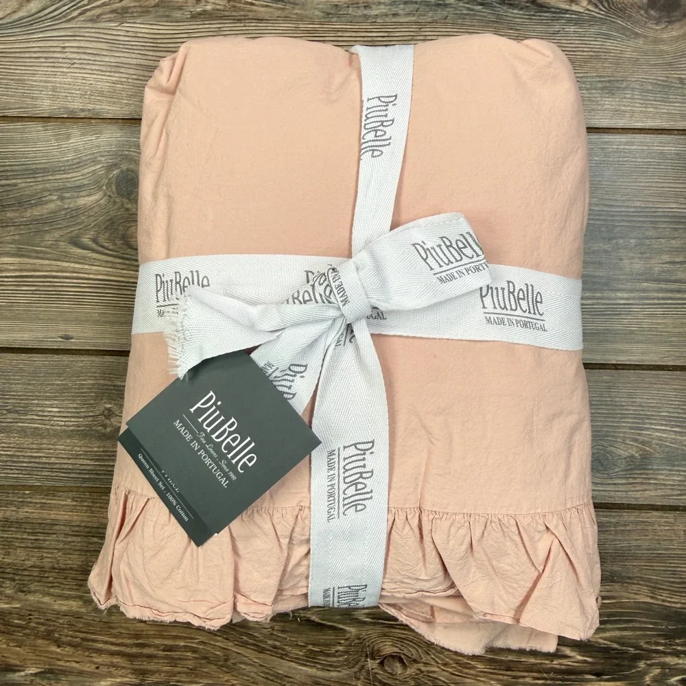 PiuBelle Queen Sheet Set Blush Pink 100% Cotton Ruffle Trim Made in Portugal NEW